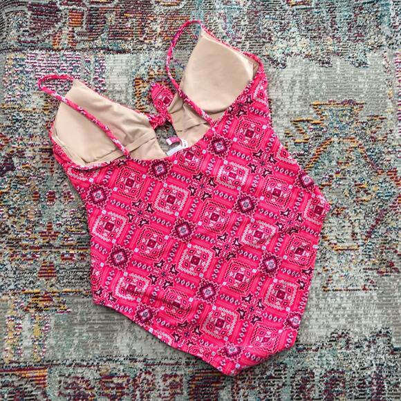 Vanilla Beach Knot Front One Piece Swimsuit Coral Tribal Swim Boho Beach Size XL - Picture 2 of 7